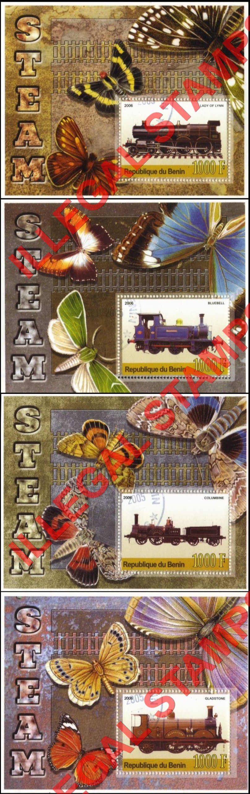 Benin 2006 Trains Steam Illegal Stamp Souvenir Sheets of 1 Benin 2006 Trains Steam Illegal Stamp Souvenir Sheets of 1