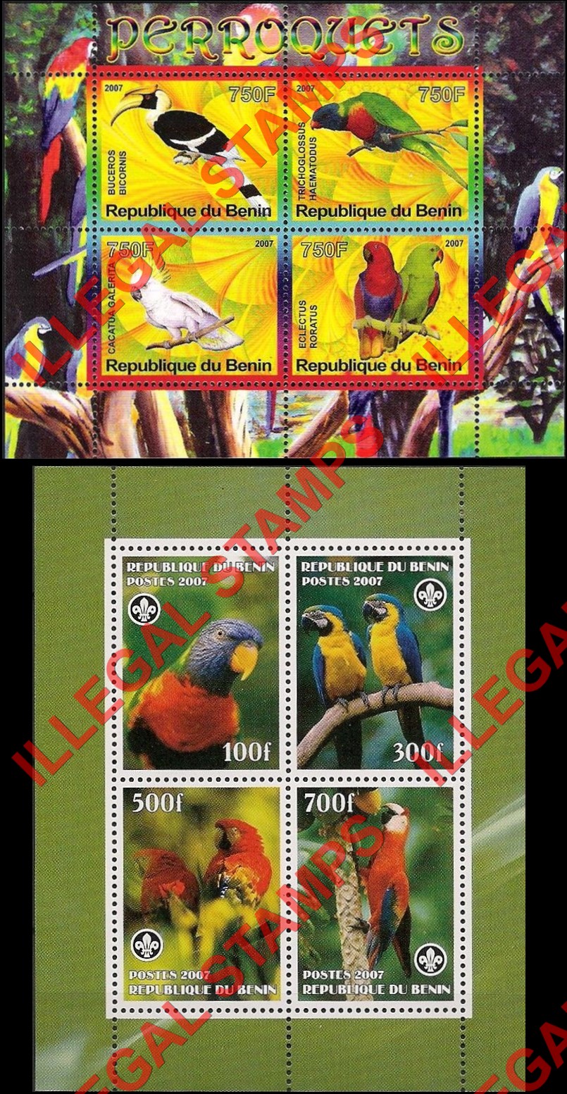 Benin 2007 Parrots Illegal Stamp Souvenir Sheets of 4 Benin 2007 Parrots Illegal Stamp Souvenir Sheets of 4