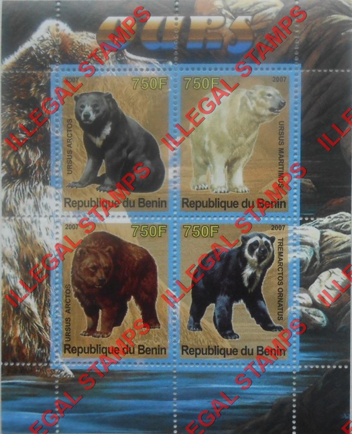 Benin 2007 Bears Illegal Stamp Souvenir Sheet of 4 Benin 2007 Bears Illegal Stamp Souvenir Sheet of 4