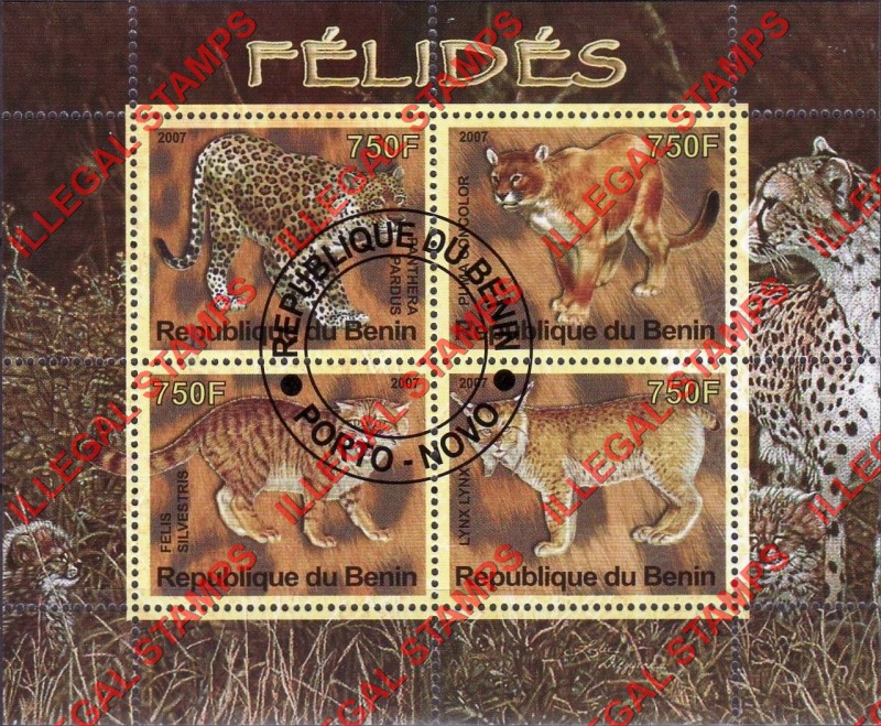 Benin 2007 Big Cats Illegal Stamp Souvenir Sheet of 4 Benin 2007 Big Cats Illegal Stamp Souvenir Sheet of 4