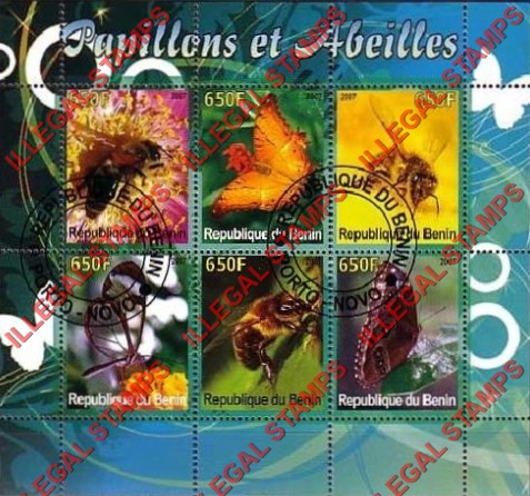 Benin 2007 Butterflies and Bees Illegal Stamp Souvenir Sheet of 6 Benin 2007 Butterflies and Bees Illegal Stamp Souvenir Sheet of 6