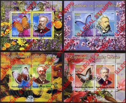 Benin 2007 Butterflies and Jules Verne Illegal Stamp Souvenir Sheets of 2 Benin 2007 Butterflies and Jules Verne Illegal Stamp Souvenir Sheets of 2