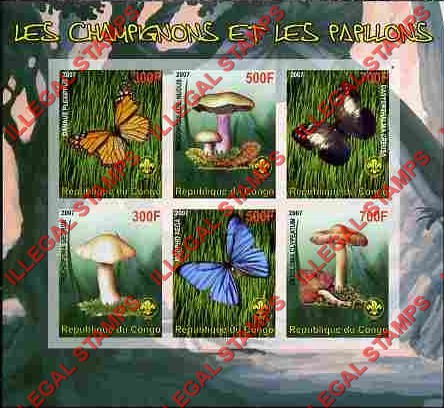 Benin 2007 Butterflies and Mushrooms Illegal Stamp Souvenir Sheet of 6 Benin 2007 Butterflies and Mushrooms Illegal Stamp Souvenir Sheet of 6