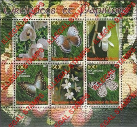 Benin 2007 Butterflies and Orchids Illegal Stamp Souvenir Sheet of 6 Benin 2007 Butterflies and Orchids Illegal Stamp Souvenir Sheet of 6
