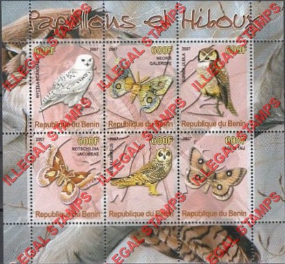 Benin 2007 Butterflies and Owls Illegal Stamp Souvenir Sheet of 6 Benin 2007 Butterflies and Owls Illegal Stamp Souvenir Sheet of 6