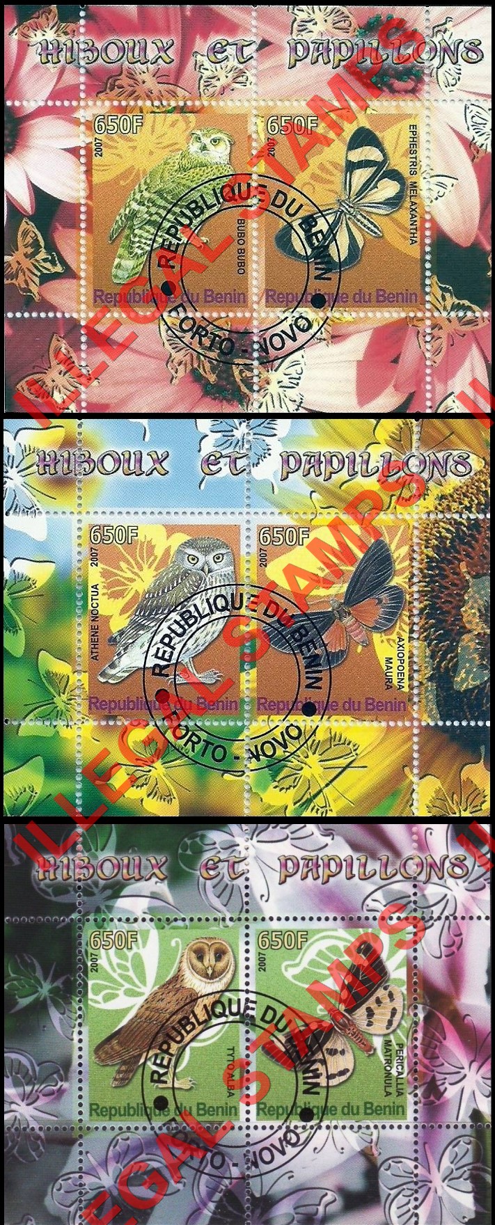 Benin 2007 Butterflies and Owls Illegal Stamp Souvenir Sheets of 2 Benin 2007 Butterflies and Owls Illegal Stamp Souvenir Sheets of 2
