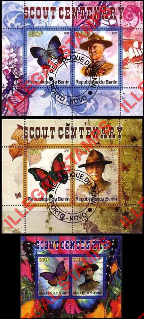 Benin 2007 Butterflies and Scouts Baden Powell Illegal Stamp Souvenir Sheets of 2 Benin 2007 Butterflies and Scouts Baden Powell Illegal Stamp Souvenir Sheets of 2