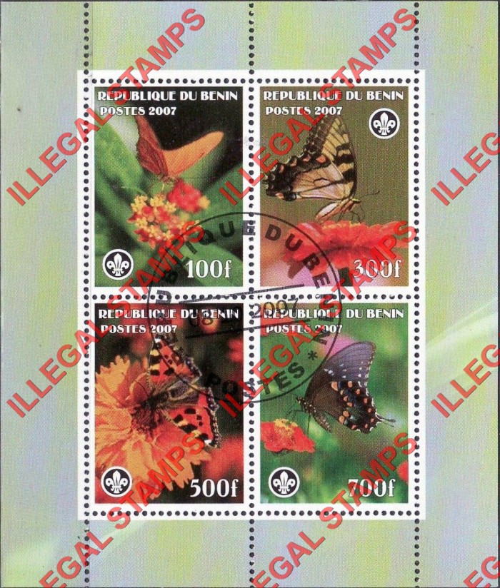 Benin 2007 Butterflies Illegal Stamp Souvenir Sheet of 4 Benin 2007 Butterflies Illegal Stamp Souvenir Sheet of 4