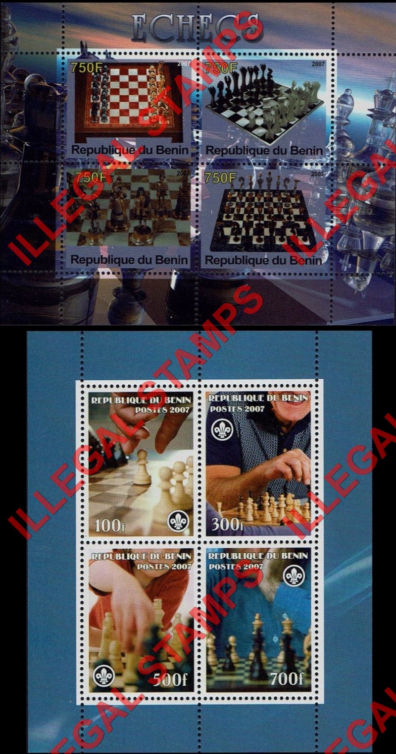Benin 2007 Chess Illegal Stamp Souvenir Sheets of 4 Benin 2007 Chess Illegal Stamp Souvenir Sheets of 4