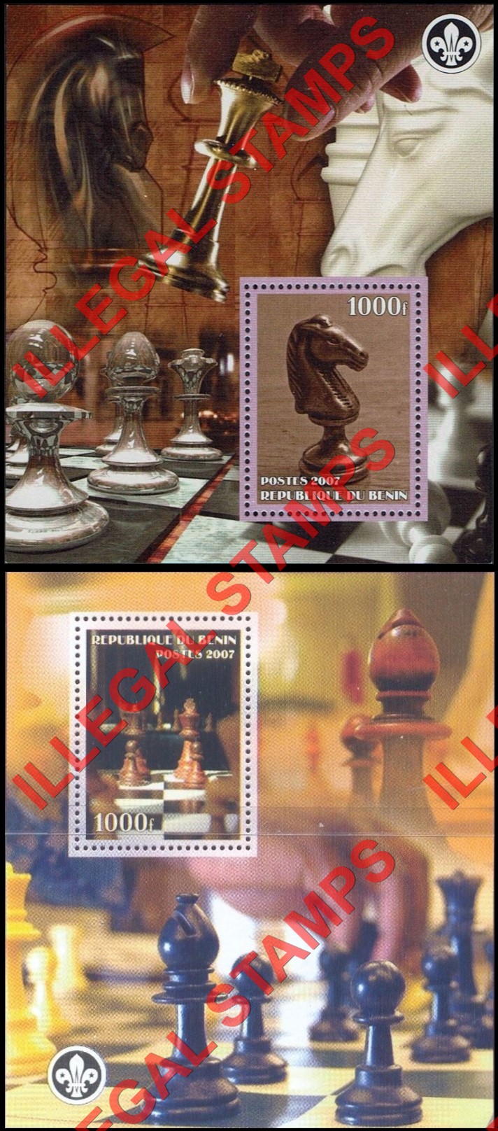 Benin 2007 Chess Illegal Stamp Souvenir Sheets of 1 Benin 2007 Chess Illegal Stamp Souvenir Sheets of 1