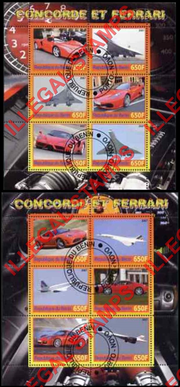 Benin 2007 Concorde and Ferrari Illegal Stamp Souvenir Sheets of 6 Benin 2007 Concorde and Ferrari Illegal Stamp Souvenir Sheets of 6