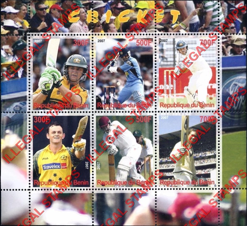 Benin 2007 Cricket Players Illegal Stamp Souvenir Sheet of 6 Benin 2007 Cricket Players Illegal Stamp Souvenir Sheet of 6