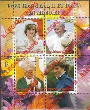 Benin 2007 Princess Diana and Pope John Paul II Illegal Stamp Souvenir Sheet of 4 Benin 2007 Princess Diana and Pope John Paul II Illegal Stamp Souvenir Sheet of 4
