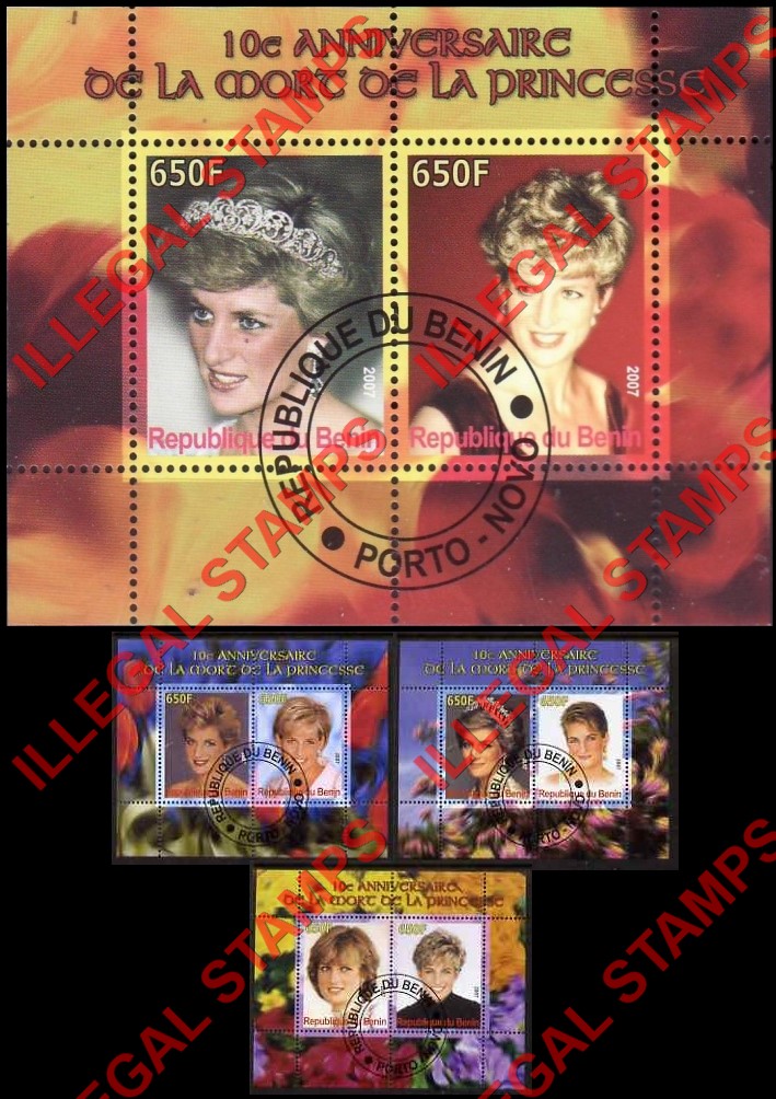 Benin 2007 Princess Diana Illegal Stamp Souvenir Sheets of 2 Benin 2007 Princess Diana Illegal Stamp Souvenir Sheets of 2
