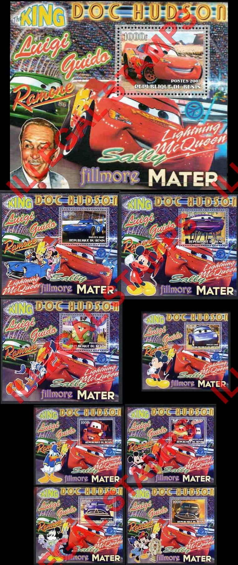 Benin 2007 Disney Cars Lightning McQueen Illegal Stamp Souvenir Sheets of 1 Benin 2007 Disney Cars Lightning McQueen Illegal Stamp Souvenir Sheets of 1