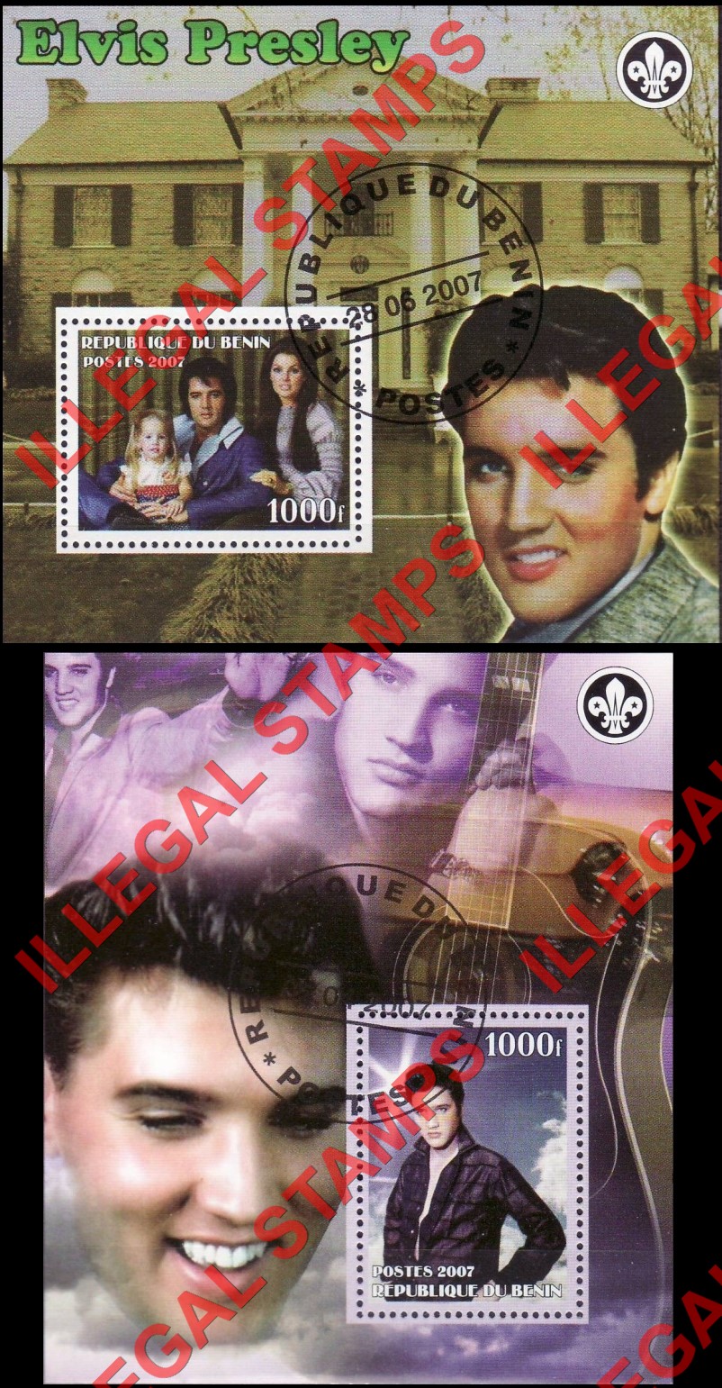 Benin 2007 Elvis Presley Illegal Stamp Souvenir Sheets of 1 Benin 2007 Elvis Presley Illegal Stamp Souvenir Sheets of 1