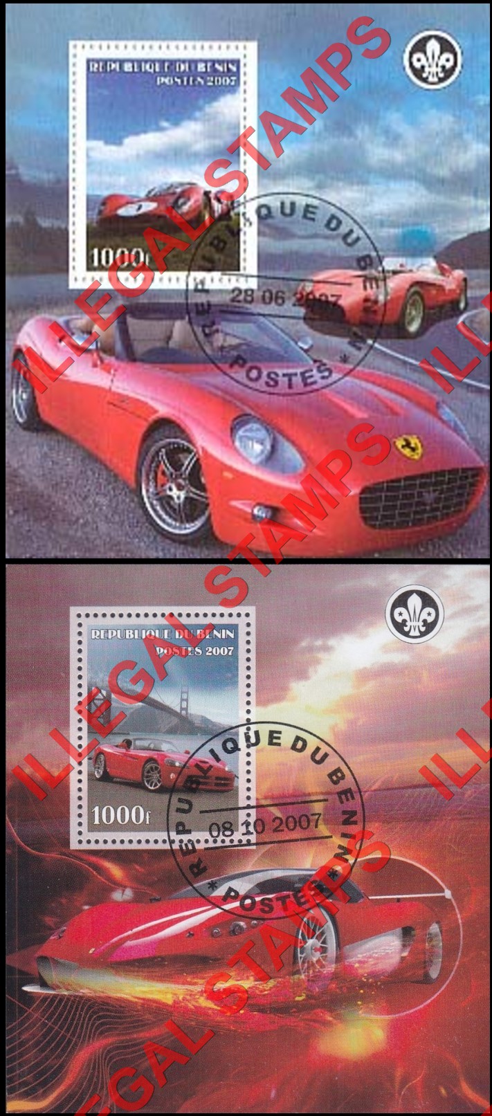 Benin 2007 Ferrari Illegal Stamp Souvenir Sheets of 1 Benin 2007 Ferrari Illegal Stamp Souvenir Sheets of 1