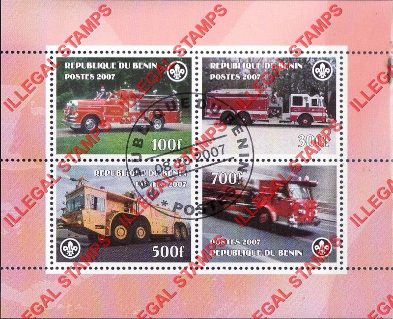 Benin 2007 Fire Engines Illegal Stamp Souvenir Sheet of 4 Benin 2007 Fire Engines Illegal Stamp Souvenir Sheet of 4