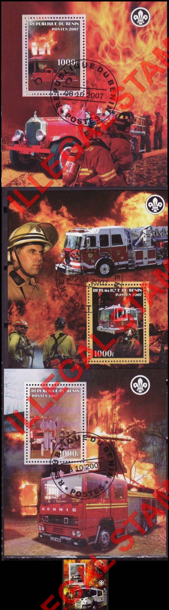 Benin 2007 Fire Engines Illegal Stamp Souvenir Sheets of 1 Benin 2007 Fire Engines Illegal Stamp Souvenir Sheets of 1
