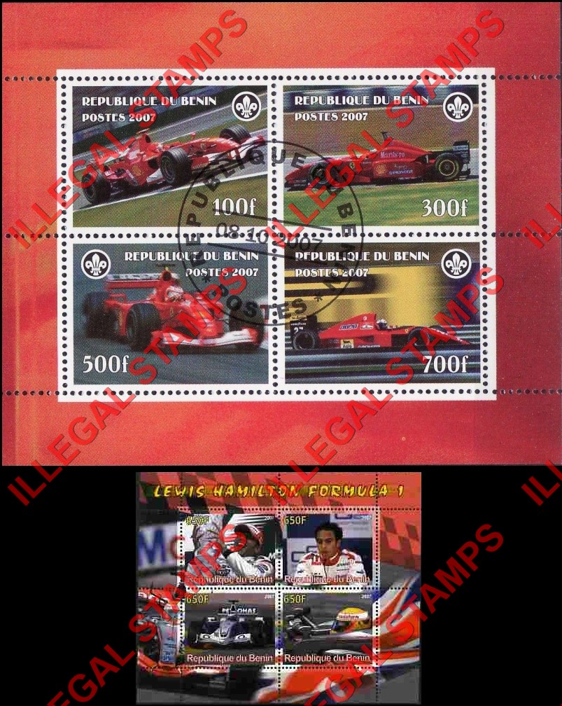 Benin 2007 Formula I Illegal Stamp Souvenir Sheets of 4 Benin 2007 Formula I Illegal Stamp Souvenir Sheets of 4