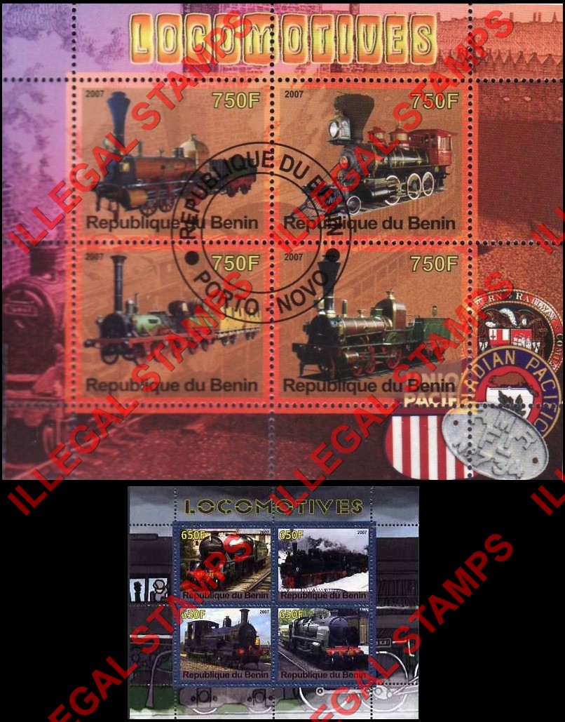 Benin 2007 Locomotives Illegal Stamp Souvenir Sheets of 4 Benin 2007 Locomotives Illegal Stamp Souvenir Sheets of 4