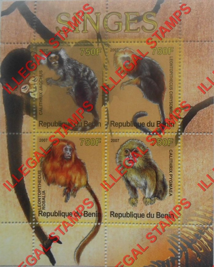 Benin 2007 Monkeys Illegal Stamp Souvenir Sheet of 4 Benin 2007 Monkeys Illegal Stamp Souvenir Sheet of 4