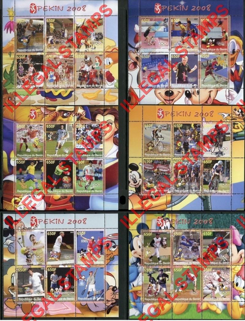 Benin 2007 Olympic Games Illegal Stamp Souvenir Sheets of 6 Benin 2007 Olympic Games Illegal Stamp Souvenir Sheets of 6