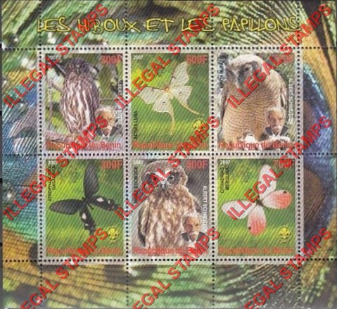 Benin 2007 Owls and Butterflies Illegal Stamp Souvenir Sheet of 6 Benin 2007 Owls and Butterflies Illegal Stamp Souvenir Sheet of 6