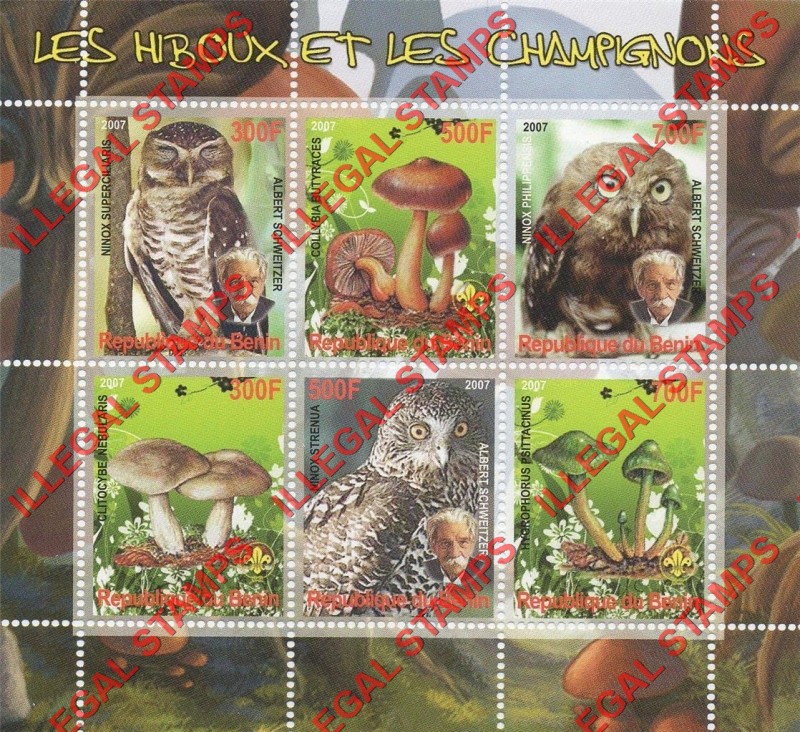 Benin 2007 Owls and Mushrooms Illegal Stamp Souvenir Sheet of 6 Benin 2007 Owls and Mushrooms Illegal Stamp Souvenir Sheet of 6