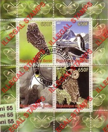 Benin 2007 Owls and Penguins Illegal Stamp Souvenir Sheet of 4 Benin 2007 Owls and Penguins Illegal Stamp Souvenir Sheet of 4