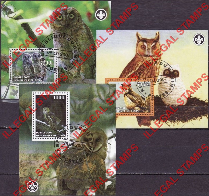 Benin 2007 Owls Illegal Stamp Souvenir Sheets of 1 Benin 2007 Owls Illegal Stamp Souvenir Sheets of 1