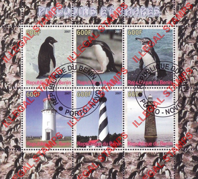 Benin 2007 Penguins and Lighthouses Illegal Stamp Souvenir Sheet of 6 Benin 2007 Penguins and Lighthouses Illegal Stamp Souvenir Sheet of 6