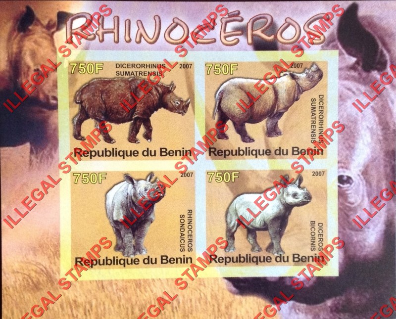 Benin 2007 Rhinos Rhinoceros Illegal Stamp Souvenir Sheet of 4 Benin 2007 Rhinos Rhinoceros Illegal Stamp Souvenir Sheet of 4