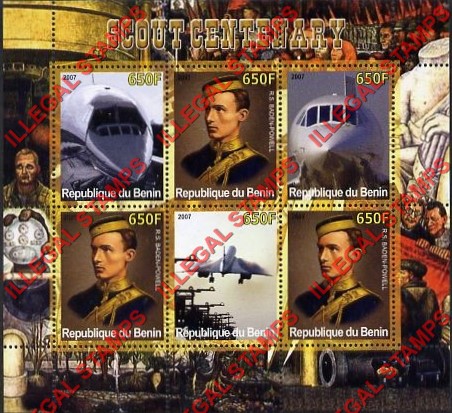 Benin 2007 Scouts and Concorde Illegal Stamp Souvenir Sheet of 6 Benin 2007 Scouts and Concorde Illegal Stamp Souvenir Sheet of 6