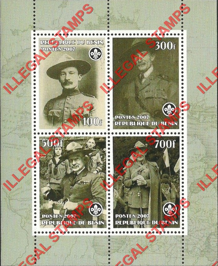 Benin 2007 Scouts Baden Powell Illegal Stamp Souvenir Sheet of 4 Benin 2007 Scouts Baden Powell Illegal Stamp Souvenir Sheet of 4