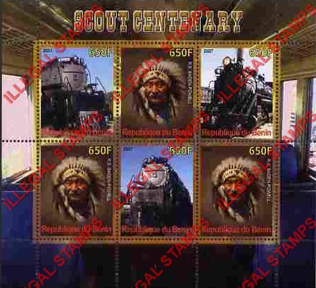 Benin 2007 Scouts and Trains Illegal Stamp Souvenir Sheet of 6 Benin 2007 Scouts and Trains Illegal Stamp Souvenir Sheet of 6