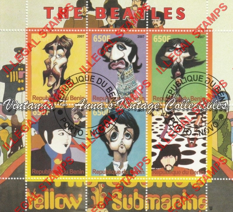 Benin 2007 The Beatles Illegal Stamp Souvenir Sheet of 6 Benin 2007 The Beatles Illegal Stamp Souvenir Sheet of 6