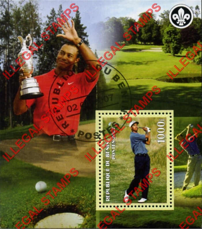 Benin 2007 Tiger Woods Golf Illegal Stamp Souvenir Sheet of 1 Benin 2007 Tiger Woods Golf Illegal Stamp Souvenir Sheet of 1