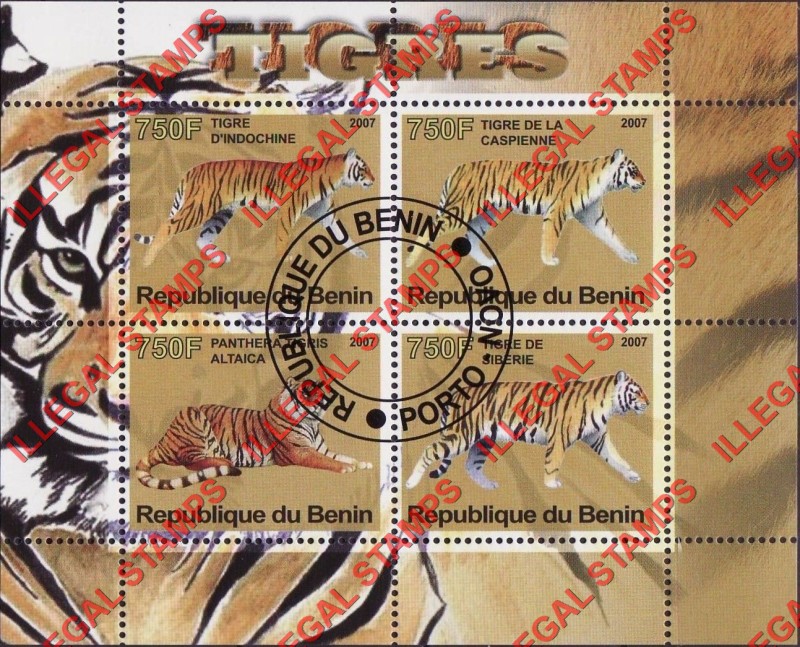 Benin 2007 Tigers Illegal Stamp Souvenir Sheet of 4 Benin 2007 Tigers Illegal Stamp Souvenir Sheet of 4