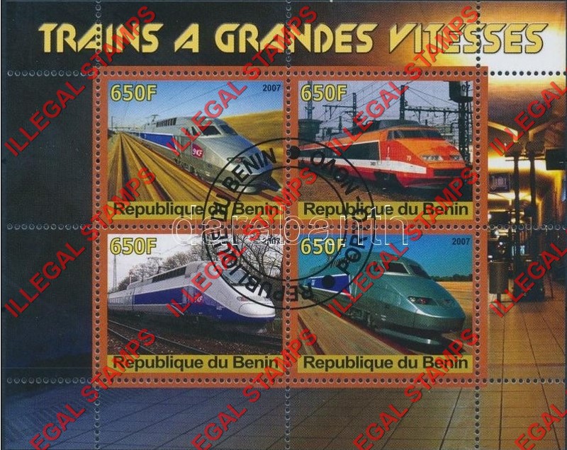 Benin 2007 Trains Illegal Stamp Souvenir Sheet of 4 Benin 2007 Trains Illegal Stamp Souvenir Sheet of 4