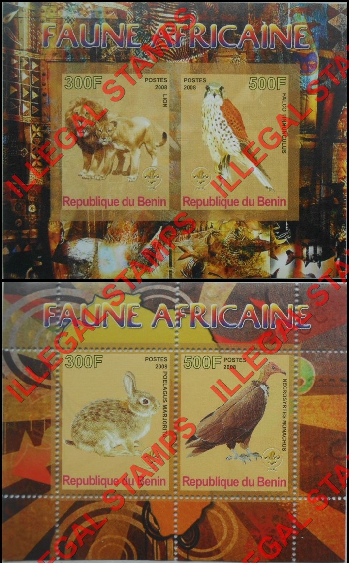 Benin 2008 African Fauna Illegal Stamp Souvenir Sheets of 2 Benin 2008 African Fauna Illegal Stamp Souvenir Sheets of 2