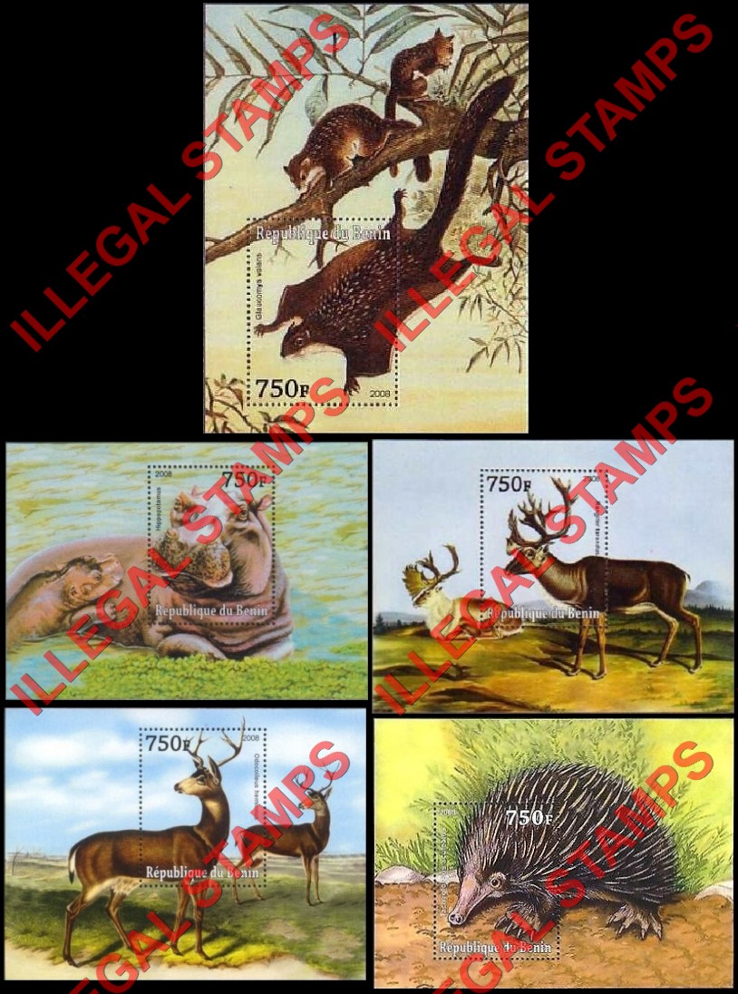 Benin 2008 Animals Illegal Stamp Souvenir Sheets of 1 Benin 2008 Animals Illegal Stamp Souvenir Sheets of 1