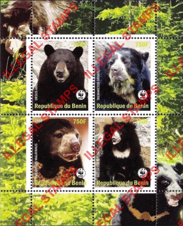 Benin 2008 Bears Illegal Stamp Souvenir Sheet of 4 Benin 2008 Bears Illegal Stamp Souvenir Sheet of 4