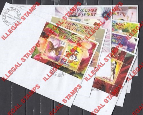 Benin 2008 Butterflies and Disney Illegal Stamp Souvenir Sheets on Fake First Day Covers Benin 2008 Butterflies and Disney Illegal Stamp Souvenir Sheets on Fake First Day Covers