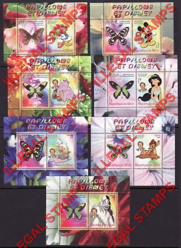 Benin 2008 Butterflies and Disney Illegal Stamp Souvenir Sheets of 2 Benin 2008 Butterflies and Disney Illegal Stamp Souvenir Sheets of 2