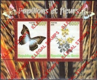 Benin 2008 Butterflies and Flowers Illegal Stamp Souvenir Sheet of 2 Benin 2008 Butterflies and Flowers Illegal Stamp Souvenir Sheet of 2
