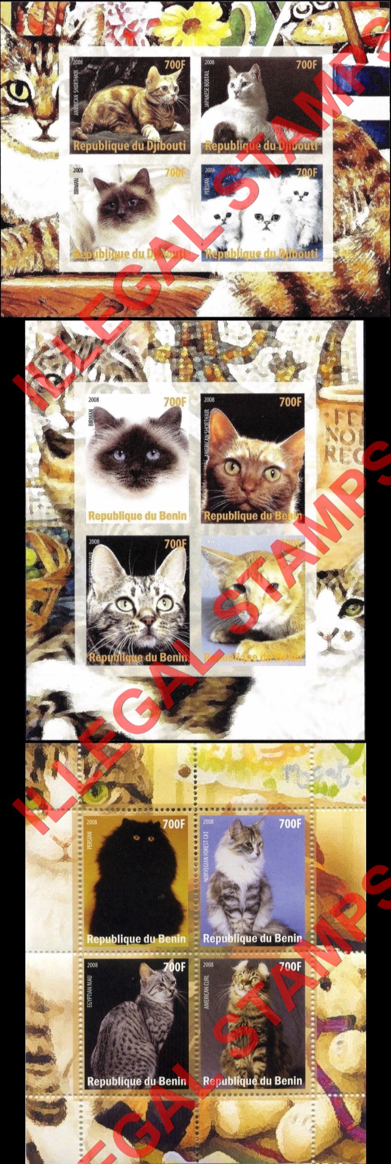 Benin 2008 Cats Illegal Stamp Souvenir Sheets of 4 Benin 2008 Cats Illegal Stamp Souvenir Sheets of 4