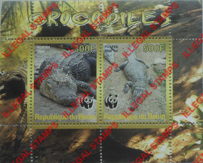 Benin 2008 Crocodiles Illegal Stamp Souvenir Sheet of 2 Benin 2008 Crocodiles Illegal Stamp Souvenir Sheet of 2