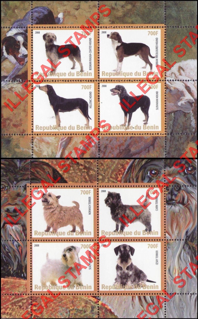 Benin 2008 Dogs Illegal Stamp Souvenir Sheets of 4 Benin 2008 Dogs Illegal Stamp Souvenir Sheets of 4