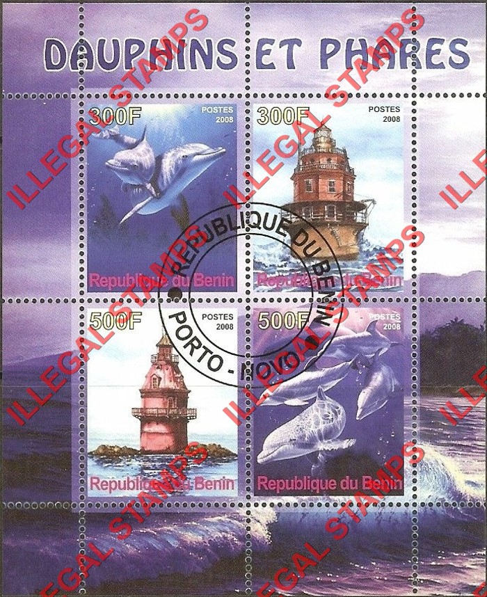 Benin 2008 Dolphins and Lighthouses Illegal Stamp Souvenir Sheet of 4 Benin 2008 Dolphins and Lighthouses Illegal Stamp Souvenir Sheet of 4